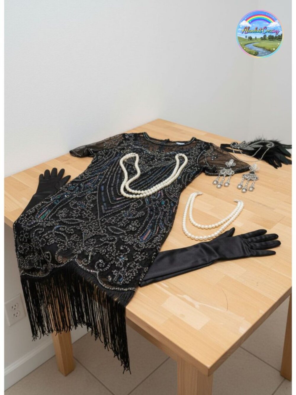 1920s Flapper Dress with Lace Neck Fringe & Sequins